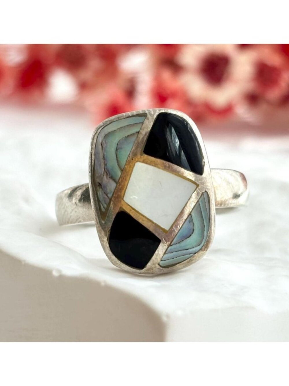 Black Onyx, Abalone & MOP Geometric Sterling Silver 925 Vintage Ring - sz 8.75